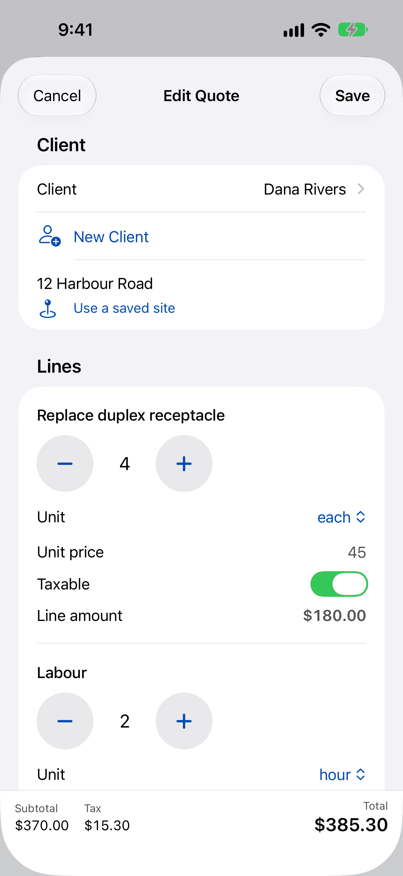 Editing a quote for Dana Rivers at 12 Harbour Road: each line has large minus and plus buttons for the quantity, a unit, a unit price and a taxable switch, with the subtotal, tax and $385.30 total along the bottom.