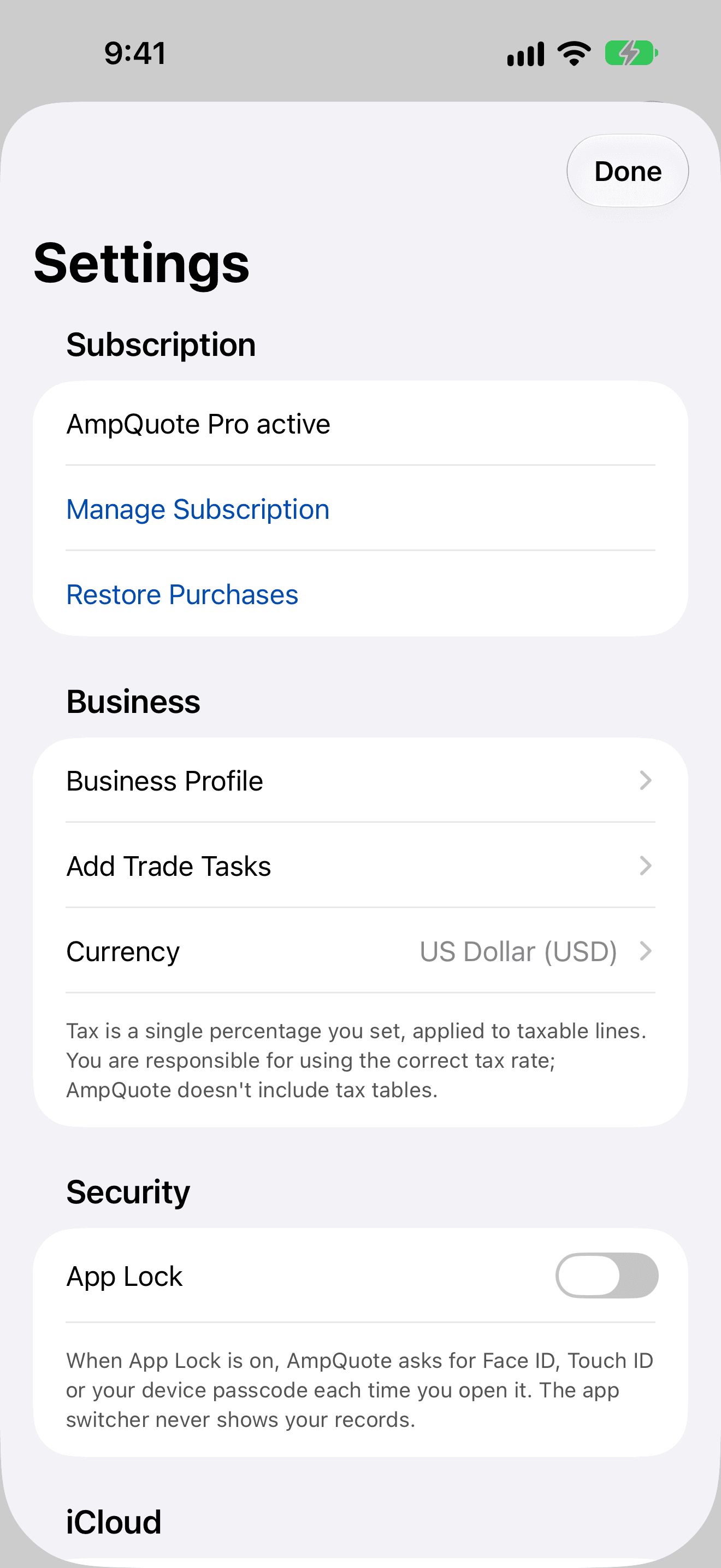 Settings: AmpQuote Pro active with Manage Subscription and Restore Purchases, Business Profile, Add Trade Tasks and currency, a note that you set your own tax rate, and the App Lock switch.